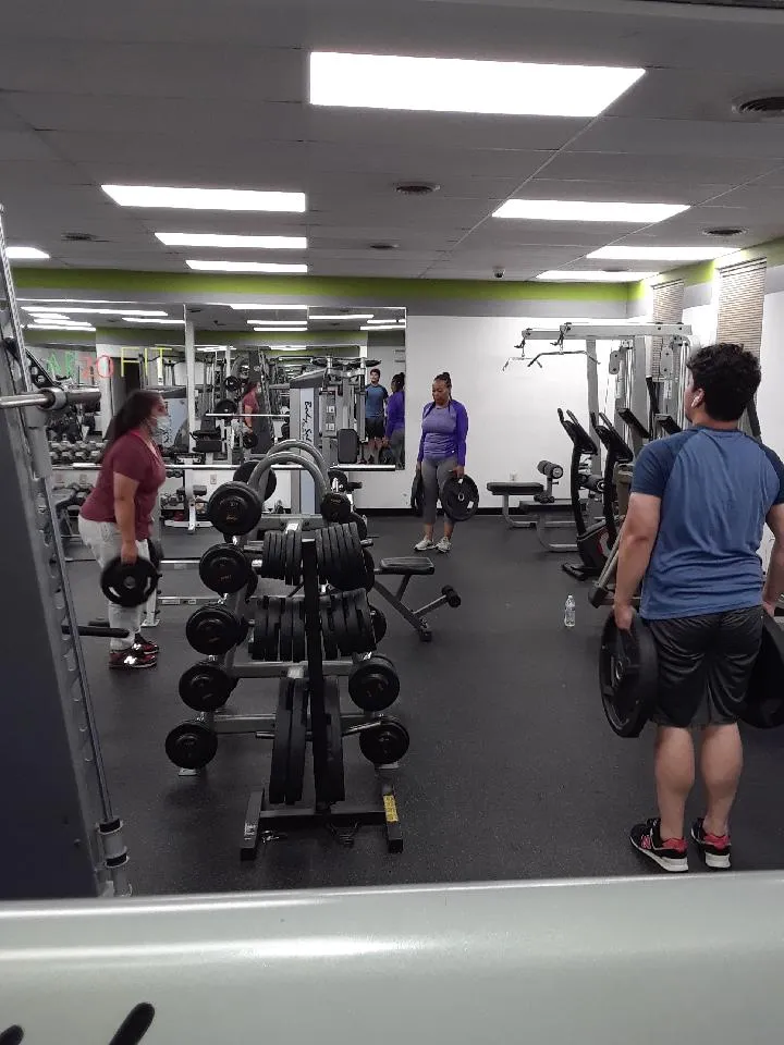 Members lifting plates by the free-weight rack at Year 20Fit