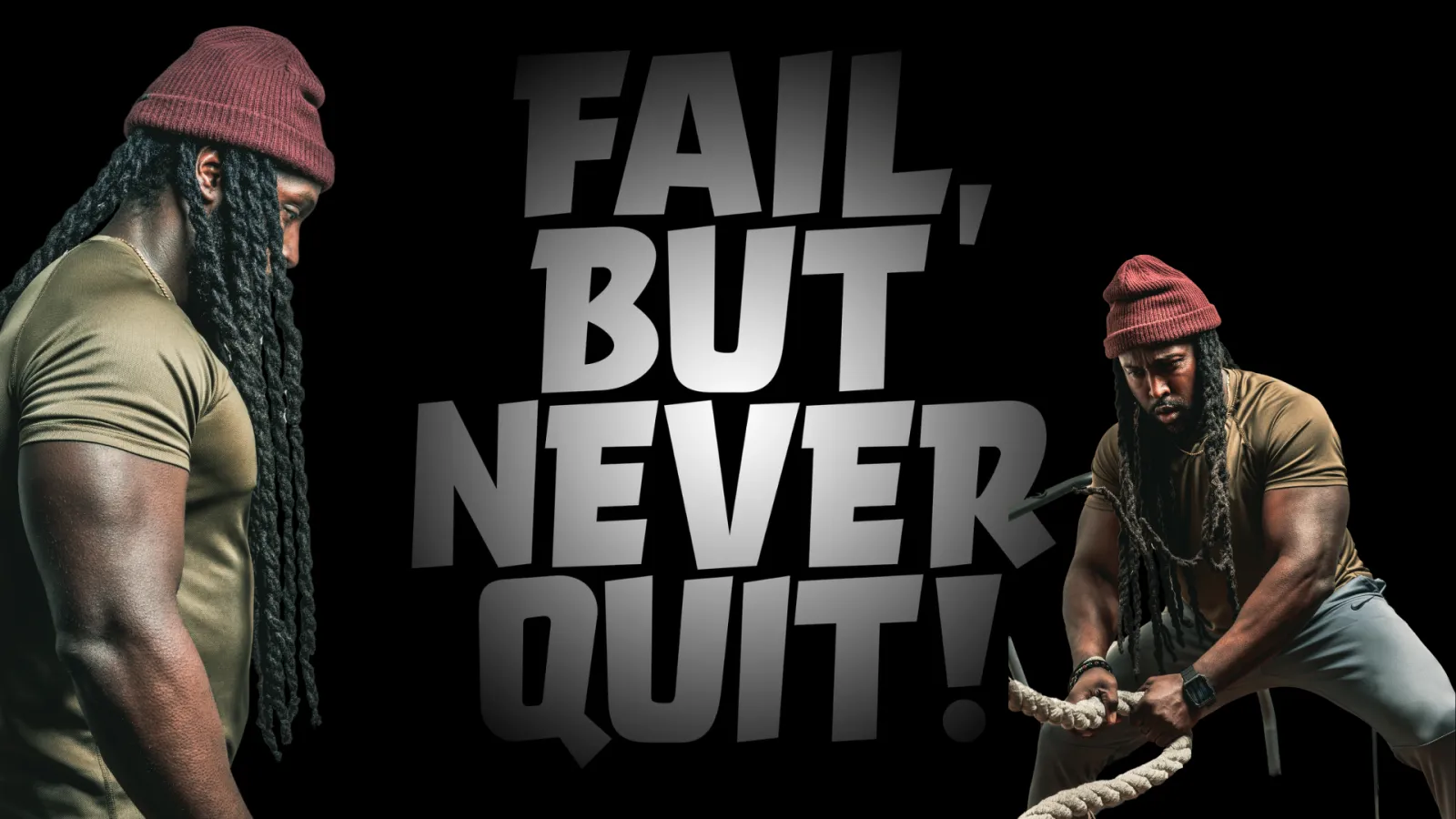 Founder Donald Jones pulling a battle rope beside the words Fail, but never quit